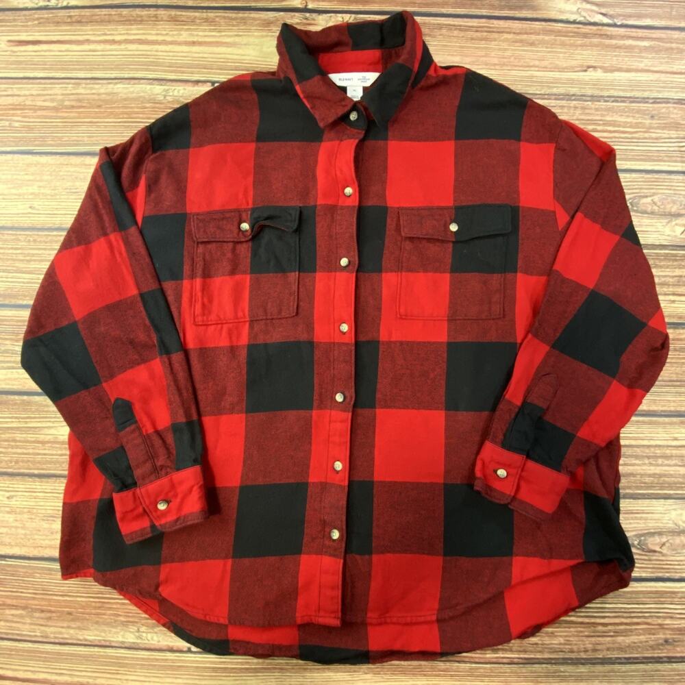 Old Navy The Boyfriend Shirt Button Up Top Sz XL Red Plaid Fall Flannel